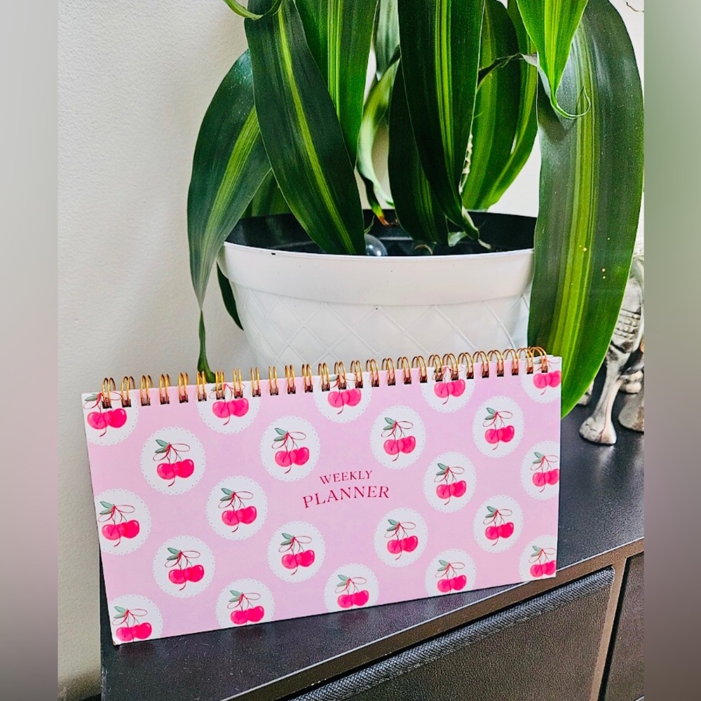 Un-Dated Weekly Planner Scheduling Calendar Boon - Pink & Red Cherry 🍒 Print NEW